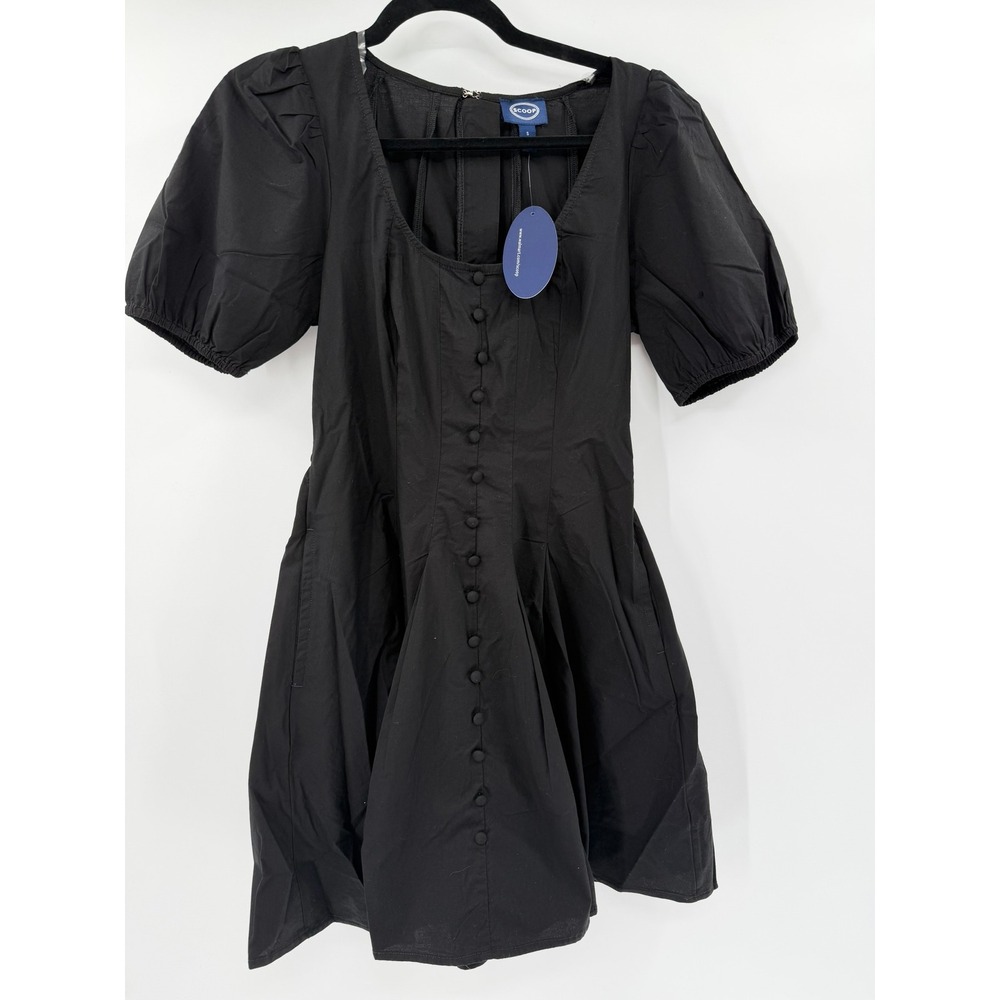 Scoop Mini‎ Dress Puff Sleeve Modern Women Size S Black Button Front Square Neck